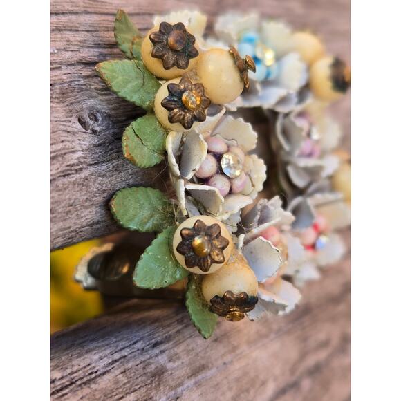 Vintage Clip On Hand Painted Enamel Petal Floral Beaded Cluster Climber Earrings - Picture 5 of 10